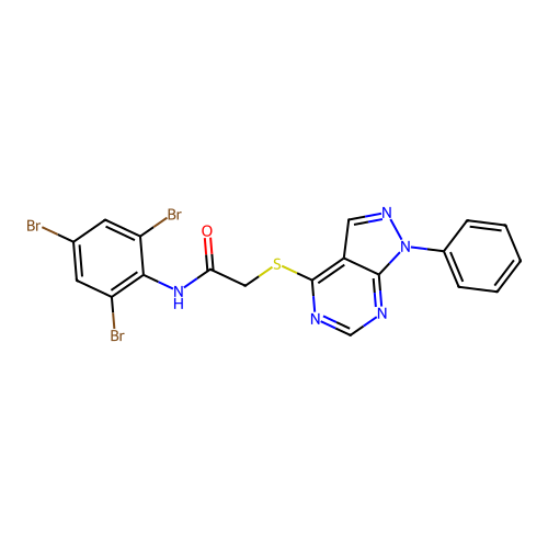 2-((1-phenyl-1H-pyrazolo[3,4-d]pyrimidin-4-yl)thio)-N-(2,4,6-tribromophenyl)acetamide structure