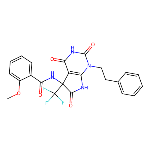 2-methoxy-N-(2,4,6-trioxo-1-phenethyl-5-(trifluoromethyl)-2,3,4,5,6,7-hexahydro-1H-pyrrolo[2,3-d]pyrimidin-5-yl)benzamide structure