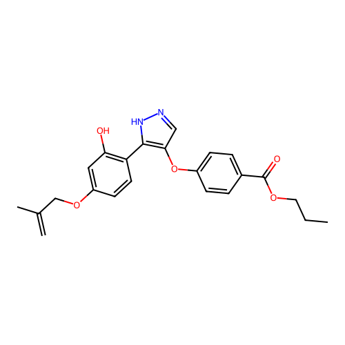 propyl 4-((3-(2-hydroxy-4-((2-methylallyl)oxy)phenyl)-1H-pyrazol-4-yl)oxy)benzoate structure