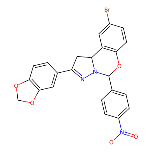 2-(1,3-benzodioxol-5-yl)-9-bromo-5-(4-nitrophenyl)-1,10b-dihydropyrazolo[1,5-c][1,3]benzoxazine structure