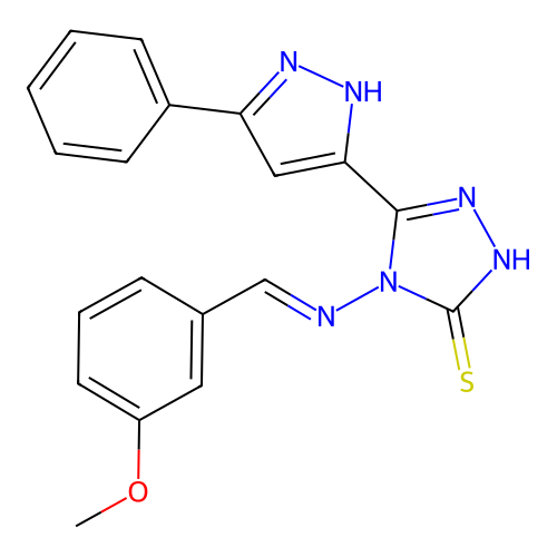 (E)-4-((3-methoxybenzylidene)amino)-5-(3-phenyl-1H-pyrazol-5-yl)-4H-1,2,4-triazole-3-thiol structure