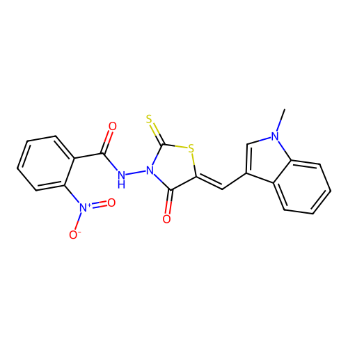 (Z)-N-(5-((1-methyl-1H-indol-3-yl)methylene)-4-oxo-2-thioxothiazolidin-3-yl)-2-nitrobenzamide structure