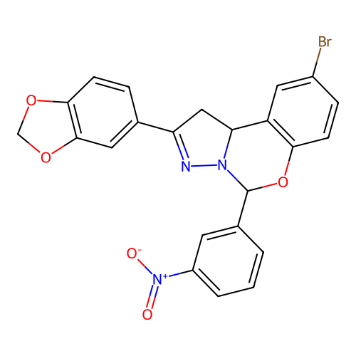 2-(1,3-benzodioxol-5-yl)-9-bromo-5-(3-nitrophenyl)-1,10b-dihydropyrazolo[1,5-c][1,3]benzoxazine structure