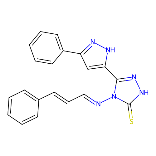 4-[(E)-[(E)-3-phenylprop-2-enylidene]amino]-3-(3-phenyl-1H-pyrazol-5-yl)-1H-1,2,4-triazole-5-thione structure