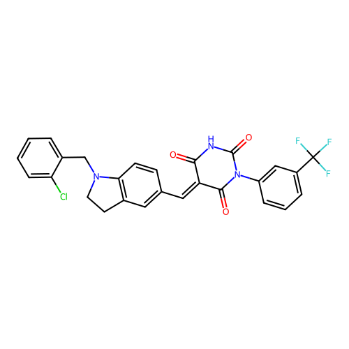 (5E)-5-[[1-[(2-chlorophenyl)methyl]-2,3-dihydroindol-5-yl]methylidene]-1-[3-(trifluoromethyl)phenyl]-1,3-diazinane-2,4,6-trione structure