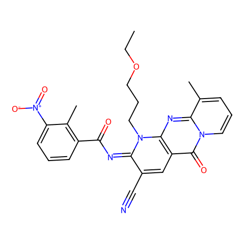 (E)-N-(3-cyano-1-(3-ethoxypropyl)-10-methyl-5-oxo-1H-dipyrido[1,2-a:2',3'-d]pyrimidin-2(5H)-ylidene)-2-methyl-3-nitrobenzamide structure
