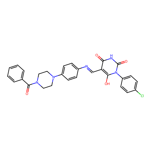 (5E)-3-(4-chlorophenyl)-6-hydroxy-5-[({4-[4-(phenylcarbonyl)piperazin-1-yl]phenyl}amino)methylidene]pyrimidine-2,4(3H,5H)-dione structure