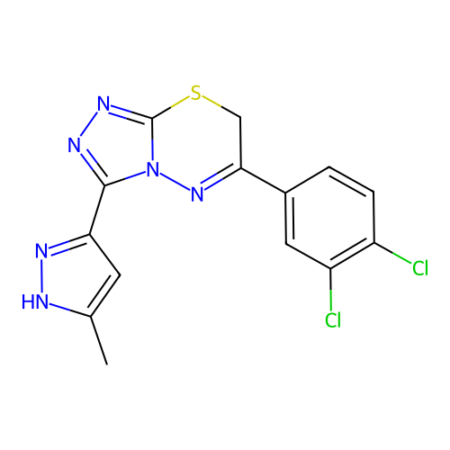 6-(3,4-dichlorophenyl)-3-(5-methyl-1H-pyrazol-3-yl)-7H-[1,2,4]triazolo[3,4-b][1,3,4]thiadiazine structure
