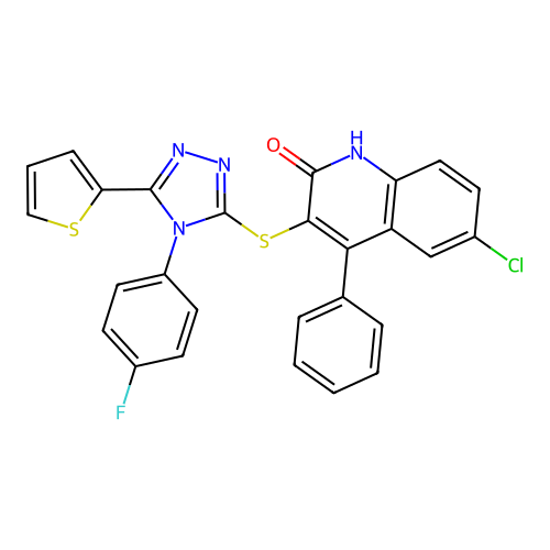 6-chloro-3-{[4-(4-fluorophenyl)-5-(thiophen-2-yl)-4H-1,2,4-triazol-3-yl]sulfanyl}-4-phenylquinolin-2(1H)-one structure