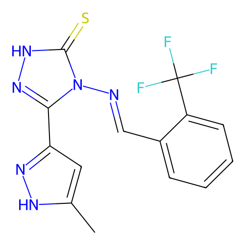 (E)-5-(3-methyl-1H-pyrazol-5-yl)-4-((2-(trifluoromethyl)benzylidene)amino)-4H-1,2,4-triazole-3-thiol structure