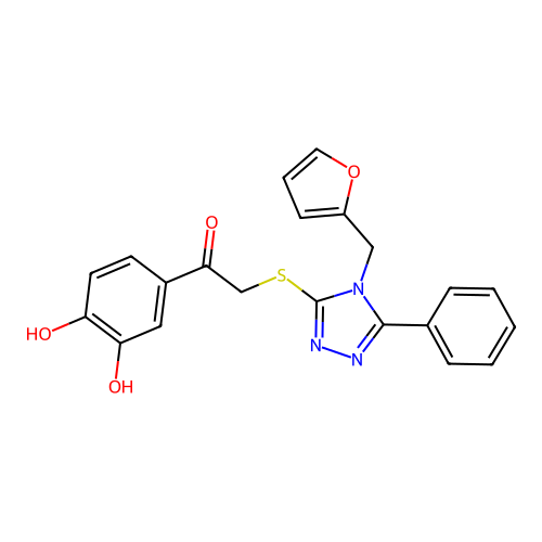 1-(3,4-dihydroxyphenyl)-2-((4-(furan-2-ylmethyl)-5-phenyl-4H-1,2,4-triazol-3-yl)thio)ethanone structure