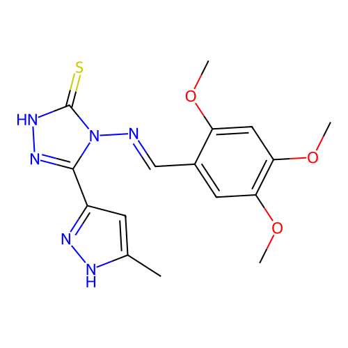 (E)-5-(3-methyl-1H-pyrazol-5-yl)-4-((2,4,5-trimethoxybenzylidene)amino)-4H-1,2,4-triazole-3-thiol structure