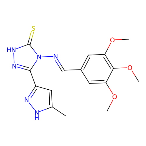 5-(5-Methyl-2H-pyrazol-3-yl)-4-{[1-(3,4,5-trimethoxy-phenyl)-meth-(E)-ylidene]-amino}-4H-[1,2,4]triazole- 3-thiol structure