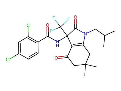 2,4-dichloro-N-[6,6-dimethyl-1-(2-methylpropyl)-2,4-dioxo-3-(trifluoromethyl)-2,3,4,5,6,7-hexahydro-1H-indol-3-yl]benzamide structure