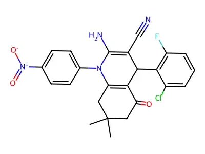 2-amino-4-(2-chloro-6-fluorophenyl)-7,7-dimethyl-1-(4-nitrophenyl)-5-oxo-1,4,5,6,7,8-hexahydroquinoline-3-carbonitrile structure