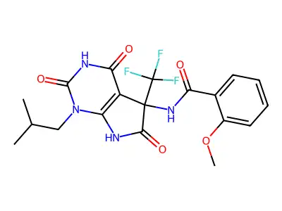 2-methoxy-N-[1-(2-methylpropyl)-2,4,6-trioxo-5-(trifluoromethyl)-7H-pyrrolo[2,3-d]pyrimidin-5-yl]benzamide structure