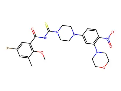 5-bromo-2-methoxy-3-methyl-N-[4-(3-morpholin-4-yl-4-nitrophenyl)piperazine-1-carbothioyl]benzamide structure