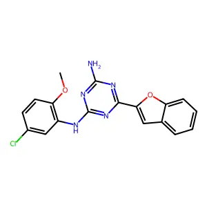 6-(1-benzofuran-2-yl)-N-(5-chloro-2-methoxyphenyl)-1,3,5-triazine-2,4-diamine structure