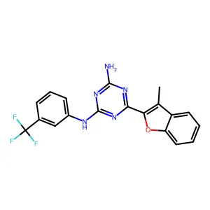 6-(3-methyl-1-benzofuran-2-yl)-N-(3-(trifluoromethyl)phenyl)-1,3,5-triazine-2,4-diamine structure