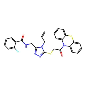 2-fluoro-N-[[5-(2-oxo-2-phenothiazin-10-ylethyl)sulfanyl-4-prop-2-enyl-1,2,4-triazol-3-yl]methyl]benzamide structure