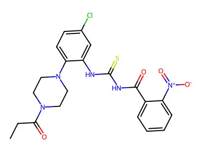 N-[[5-chloro-2-(4-propanoylpiperazin-1-yl)phenyl]carbamothioyl]-2-nitrobenzamide structure