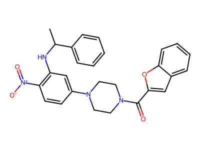 1-benzofuran-2-yl-[4-[4-nitro-3-(1-phenylethylamino)phenyl]piperazin-1-yl]methanone structure