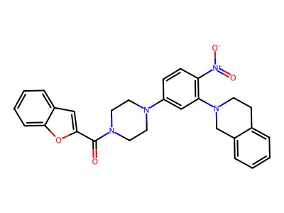 1-benzofuran-2-yl-[4-[3-(3,4-dihydro-1H-isoquinolin-2-yl)-4-nitrophenyl]piperazin-1-yl]methanone structure