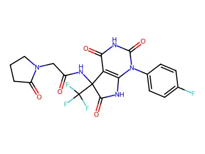 N-(1-(4-fluorophenyl)-2,4,6-trioxo-5-(trifluoromethyl)-2,3,4,5,6,7-hexahydro-1H-pyrrolo[2,3-d]pyrimidin-5-yl)-2-(2-oxopyrrolidin-1-yl)acetamide structure