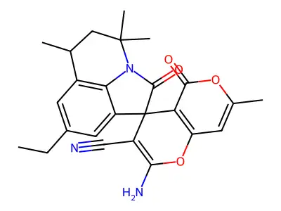 2-amino-8'-ethyl-4',4',6',7-tetramethyl-2',5-dioxo-5',6'-dihydro-4'H,5H-spiro[pyrano[4,3-b]pyran-4,1'-pyrrolo[3,2,1-ij]quinoline]-3-carbonitrile structure