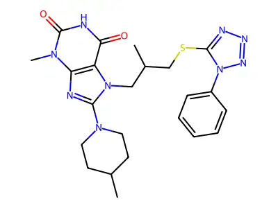 3-methyl-7-(2-methyl-3-((1-phenyl-1H-tetrazol-5-yl)thio)propyl)-8-(4-methylpiperidin-1-yl)-1H-purine-2,6(3H,7H)-dione structure