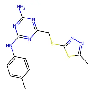 6-(5-Methyl-[1,3,4]thiadiazol-2-ylsulfanylmethyl)-N-p-tolyl-[1,3,5]triazine-2,4-diamine structure