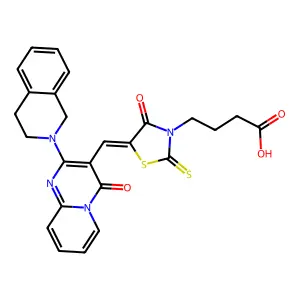 4-[(5Z)-5-{[2-(3,4-dihydroisoquinolin-2(1H)-yl)-4-oxo-4H-pyrido[1,2-a]pyrimidin-3-yl]methylidene}-4-oxo-2-thioxo-1,3-thiazolidin-3-yl]butanoic acid structure