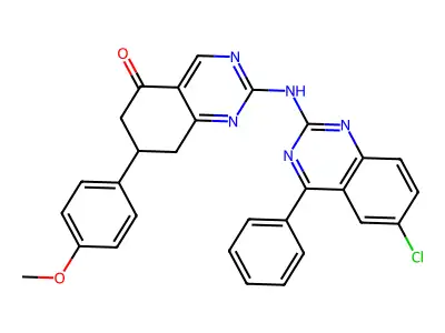 2-[(6-chloro-4-phenylquinazolin-2-yl)amino]-7-(4-methoxyphenyl)-7,8-dihydroquinazolin-5(6H)-one structure