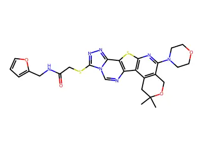 2-((8,8-dimethyl-11-morpholino-8,10-dihydro-7H-pyrano[4'',3'':4',5']pyrido[3',2':4,5]thieno[2,3-e][1,2,4]triazolo[4,3-c]pyrimidin-3-yl)thio)-N-(furan-2-ylmethyl)acetamide structure