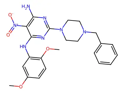 2-(4-benzylpiperazin-1-yl)-N4-(2,5-dimethoxyphenyl)-5-nitropyrimidine-4,6-diamine structure