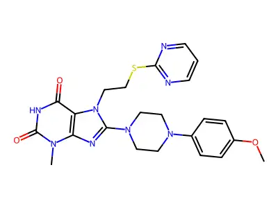 8-(4-(4-methoxyphenyl)piperazin-1-yl)-3-methyl-7-(2-(pyrimidin-2-ylthio)ethyl)-1H-purine-2,6(3H,7H)-dione structure