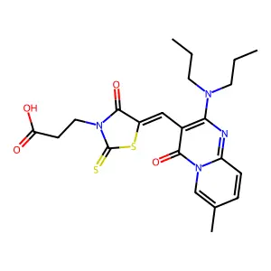 3-[(5Z)-5-{[2-(dipropylamino)-7-methyl-4-oxo-4H-pyrido[1,2-a]pyrimidin-3-yl]methylidene}-4-oxo-2-thioxo-1,3-thiazolidin-3-yl]propanoic acid structure