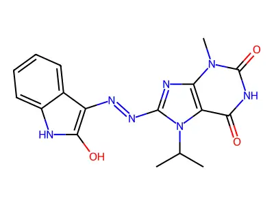 (E)-7-isopropyl-3-methyl-8-(2-(2-oxoindolin-3-ylidene)hydrazinyl)-1H-purine-2,6(3H,7H)-dione structure