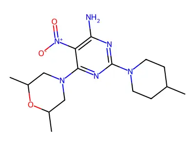 6-(2,6-dimethylmorpholin-4-yl)-2-(4-methylpiperidin-1-yl)-5-nitropyrimidin-4-amine structure