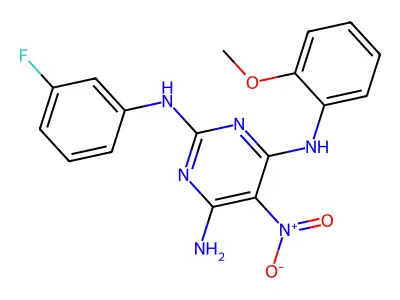 N2-(3-fluorophenyl)-N4-(2-methoxyphenyl)-5-nitropyrimidine-2,4,6-triamine structure