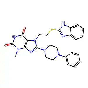 7-(2-((1H-benzo[d]imidazol-2-yl)thio)ethyl)-3-methyl-8-(4-phenylpiperazin-1-yl)-1H-purine-2,6(3H,7H)-dione structure
