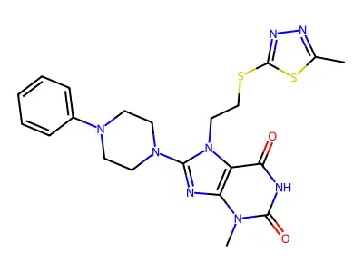 3-methyl-7-[2-[(5-methyl-1,3,4-thiadiazol-2-yl)sulfanyl]ethyl]-8-(4-phenylpiperazin-1-yl)purine-2,6-dione structure