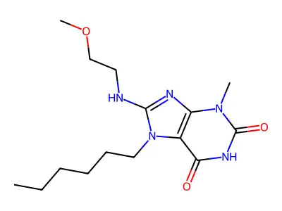 7-hexyl-8-((2-methoxyethyl)amino)-3-methyl-1H-purine-2,6(3H,7H)-dione structure
