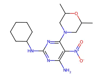 N2-cyclohexyl-6-(2,6-dimethylmorpholino)-5-nitropyrimidine-2,4-diamine structure