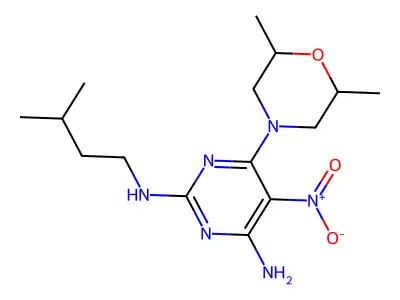 6-(2,6-dimethylmorpholin-4-yl)-N~2~-(3-methylbutyl)-5-nitropyrimidine-2,4-diamine structure
