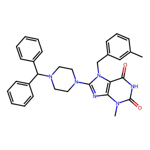 8-(4-benzhydrylpiperazin-1-yl)-3-methyl-7-(3-methylbenzyl)-1H-purine-2,6(3H,7H)-dione structure