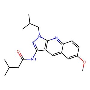 N-[6-methoxy-1-(2-methylpropyl)-3-pyrazolo[3,4-b]quinolinyl]-3-methylbutanamide structure