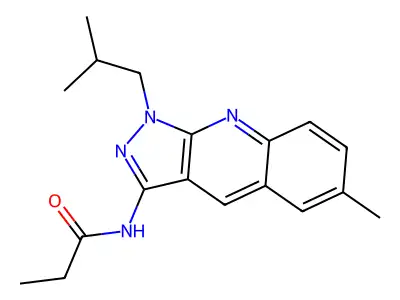 N-[6-methyl-1-(2-methylpropyl)pyrazolo[3,4-b]quinolin-3-yl]propanamide structure