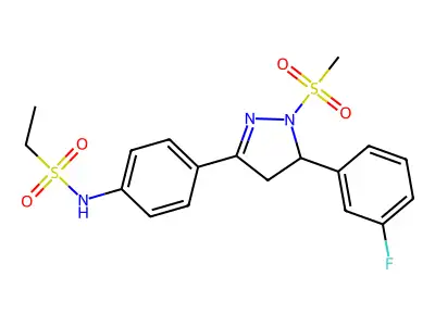 N-(4-(5-(3-fluorophenyl)-1-(methylsulfonyl)-4,5-dihydro-1H-pyrazol-3-yl)phenyl)ethanesulfonamide structure