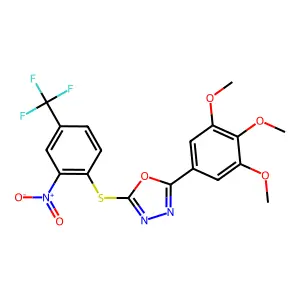 2-[2-nitro-4-(trifluoromethyl)phenyl]sulfanyl-5-(3,4,5-trimethoxyphenyl)-1,3,4-oxadiazole structure